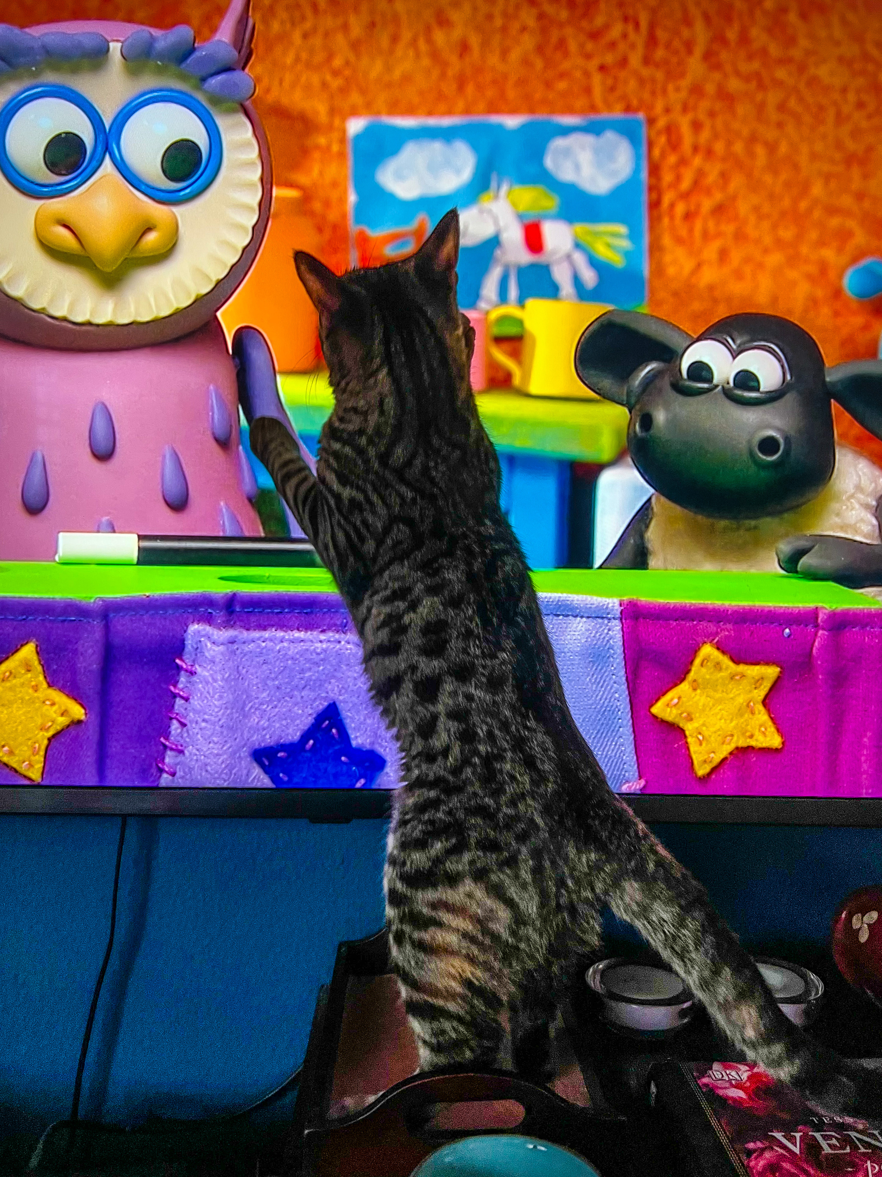 A cat plays with cartoon characters on a tv. 