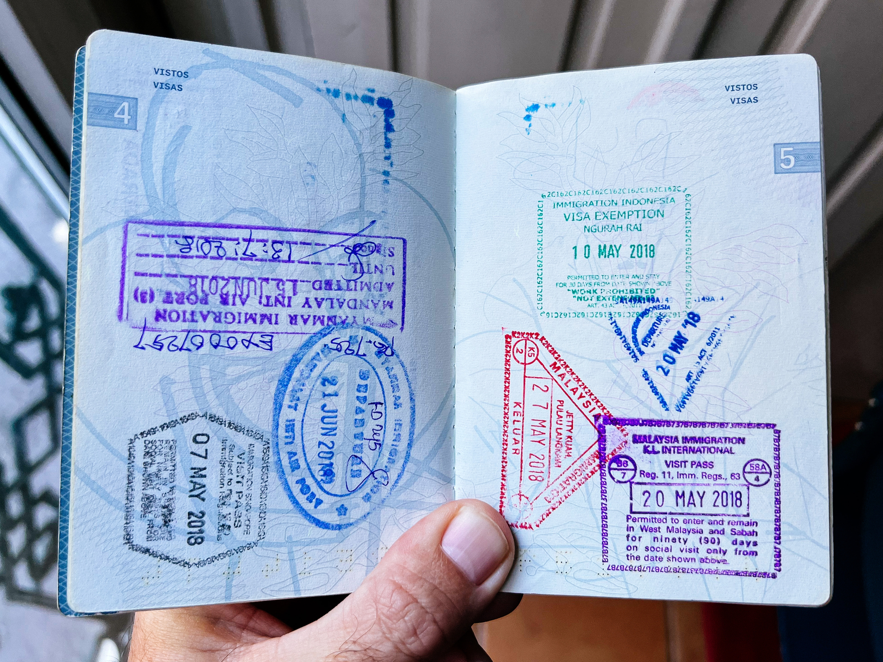 Stamps on a passport. 