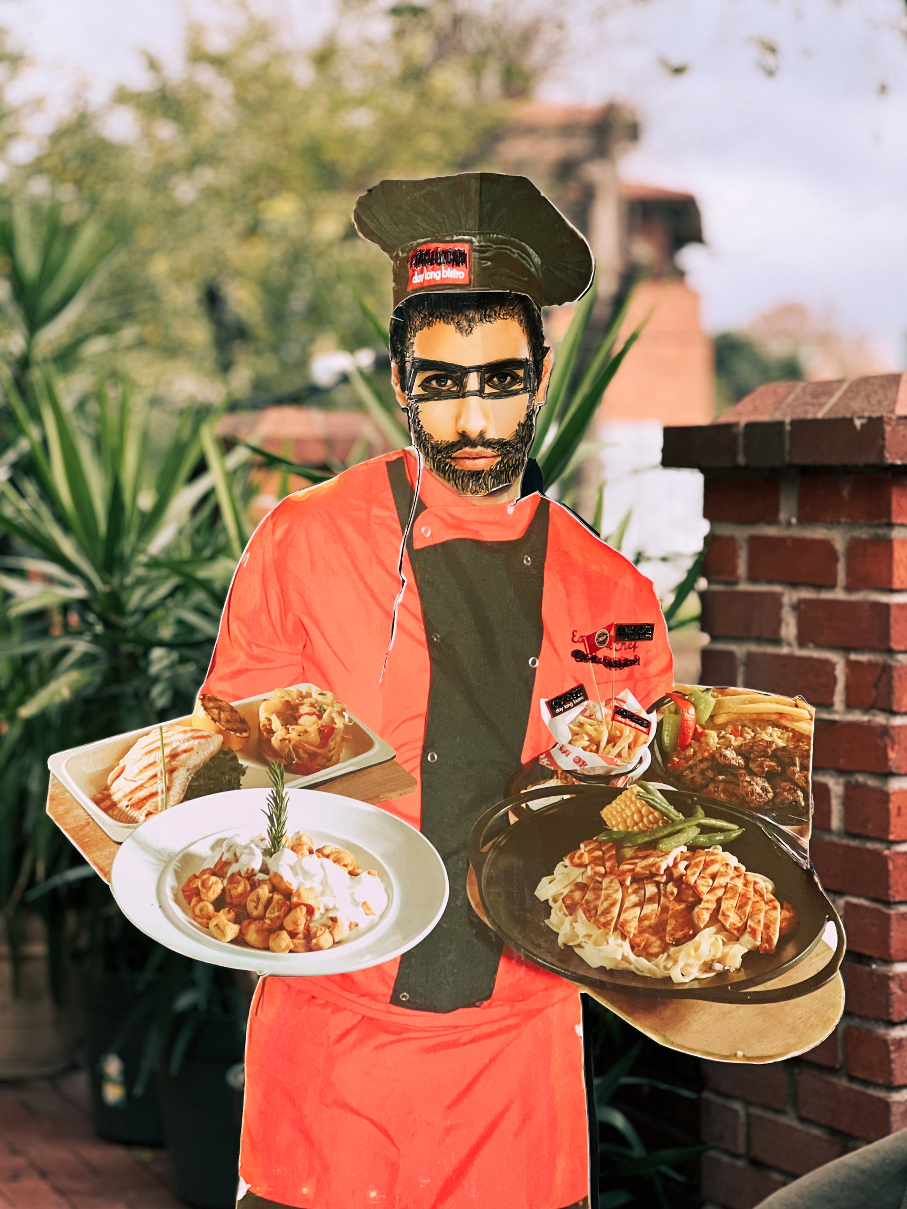 A creepy ad for a restaurant, a man holding food with a painted beard.