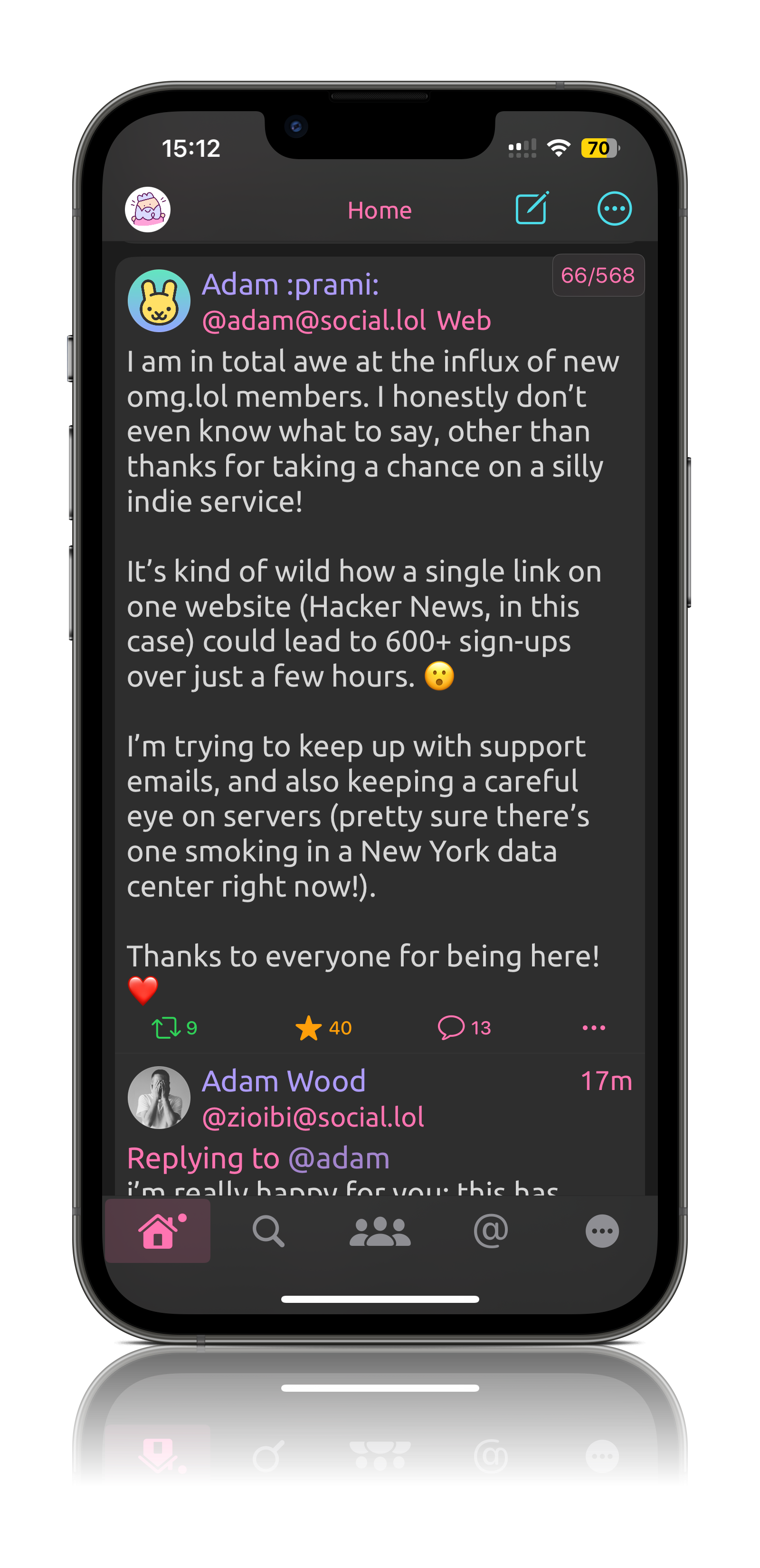 Mock-up of an iPhone showing Mona, a Mastodon client. 