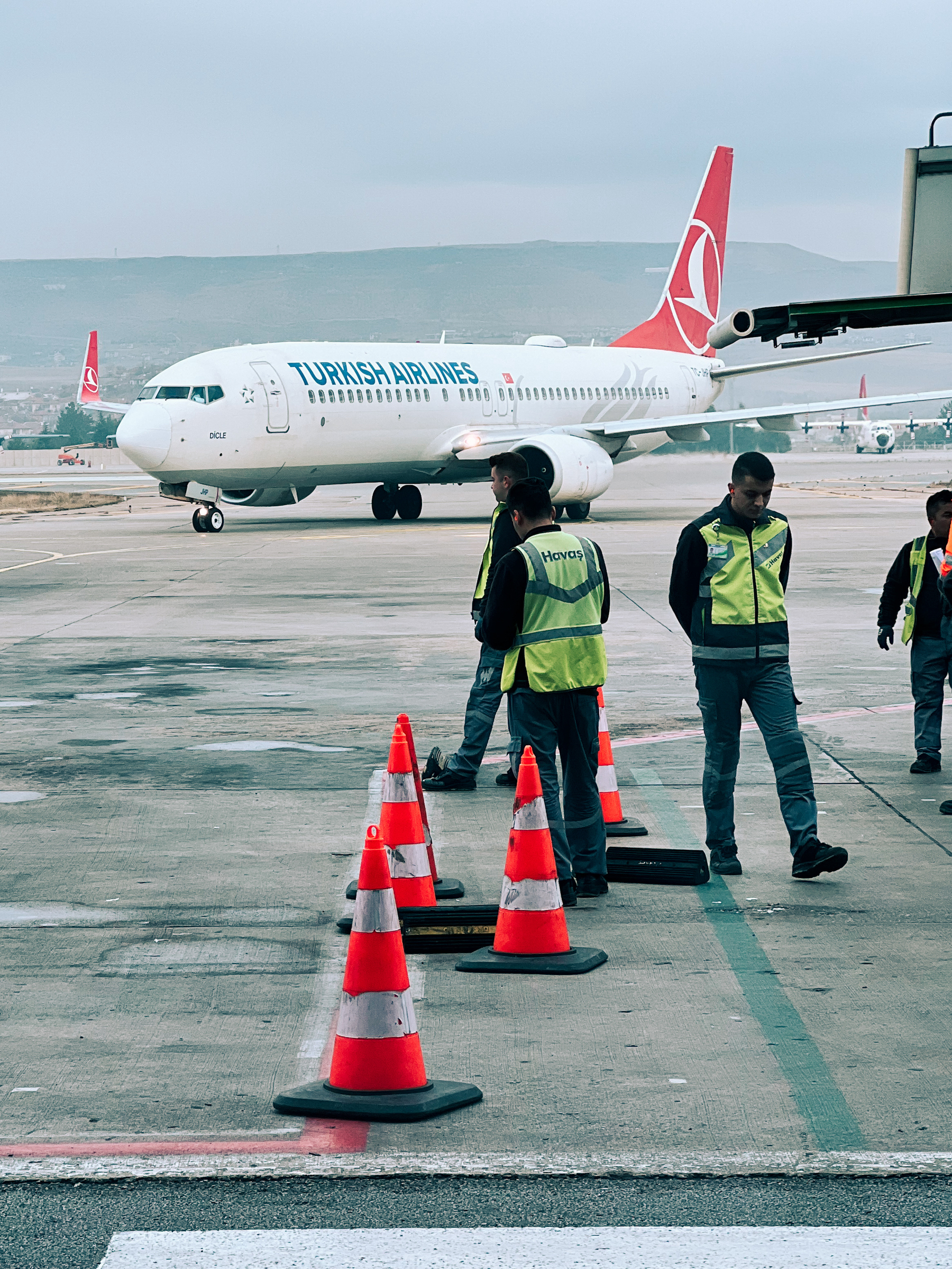 A Turkish Airlines airplane, and ground crew.