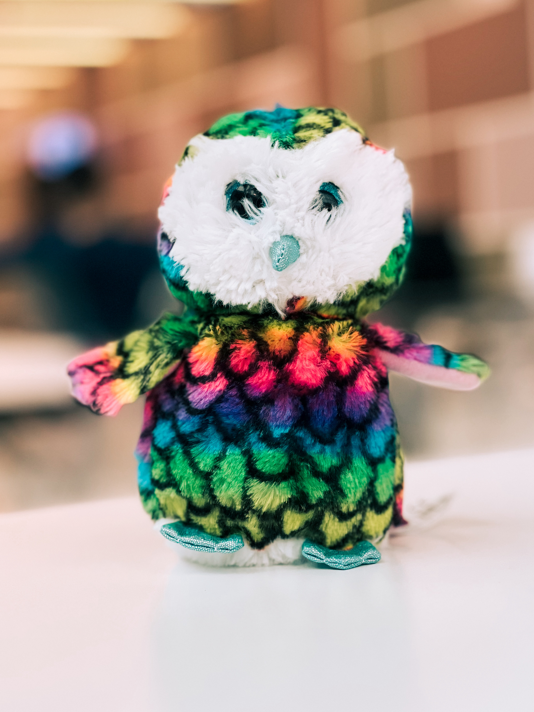 a rainbow colored plush owl.