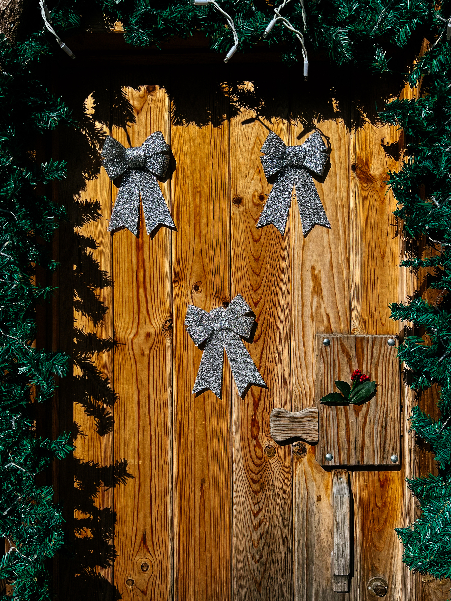 A wooden door, decorated for Christmas. 