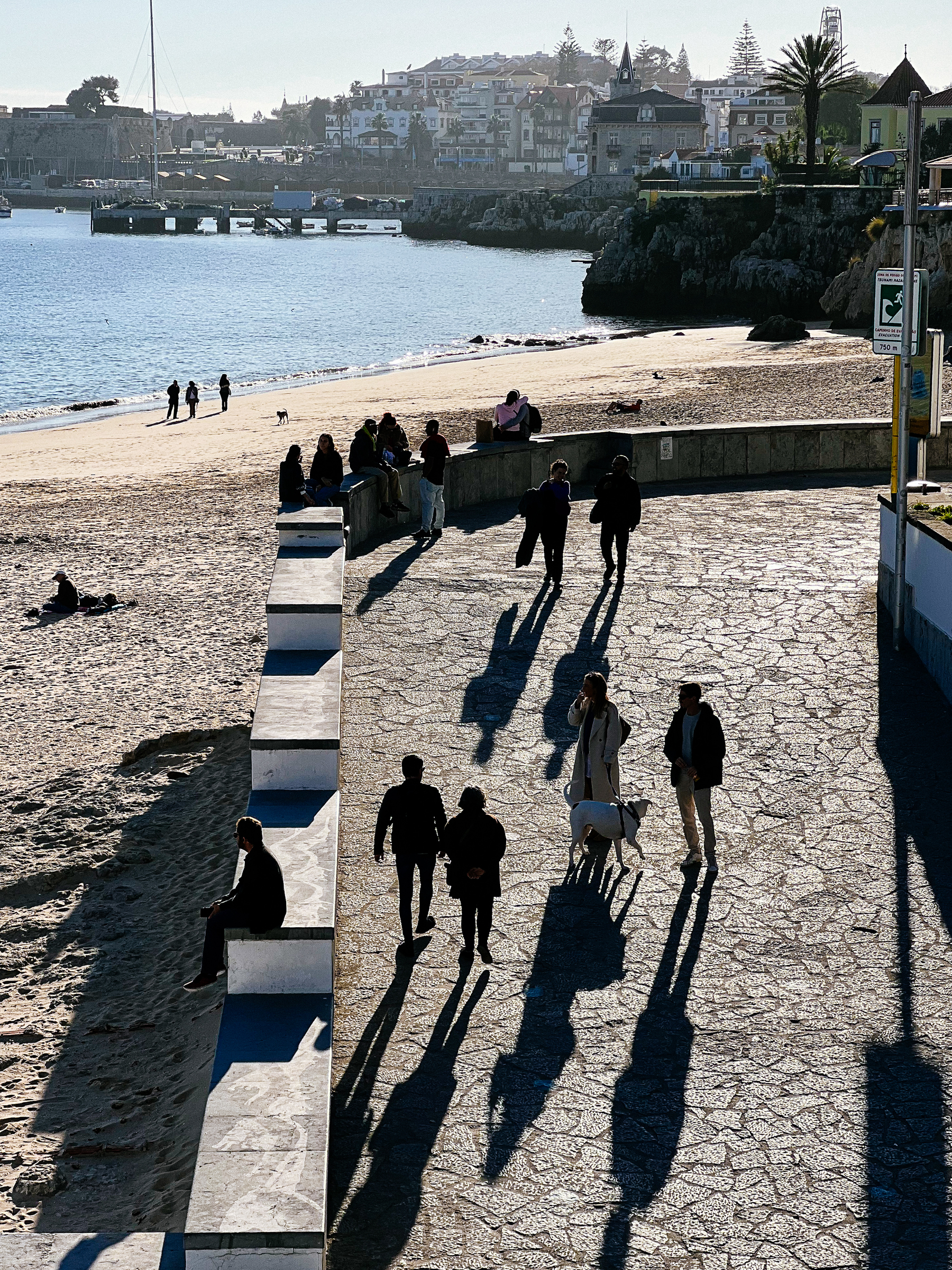 A seaside promenade with people walking and sitting, long shadows cast on the ground, a beach with a few individuals and a dog, calm sea, and a backdrop of buildings and cliffs.