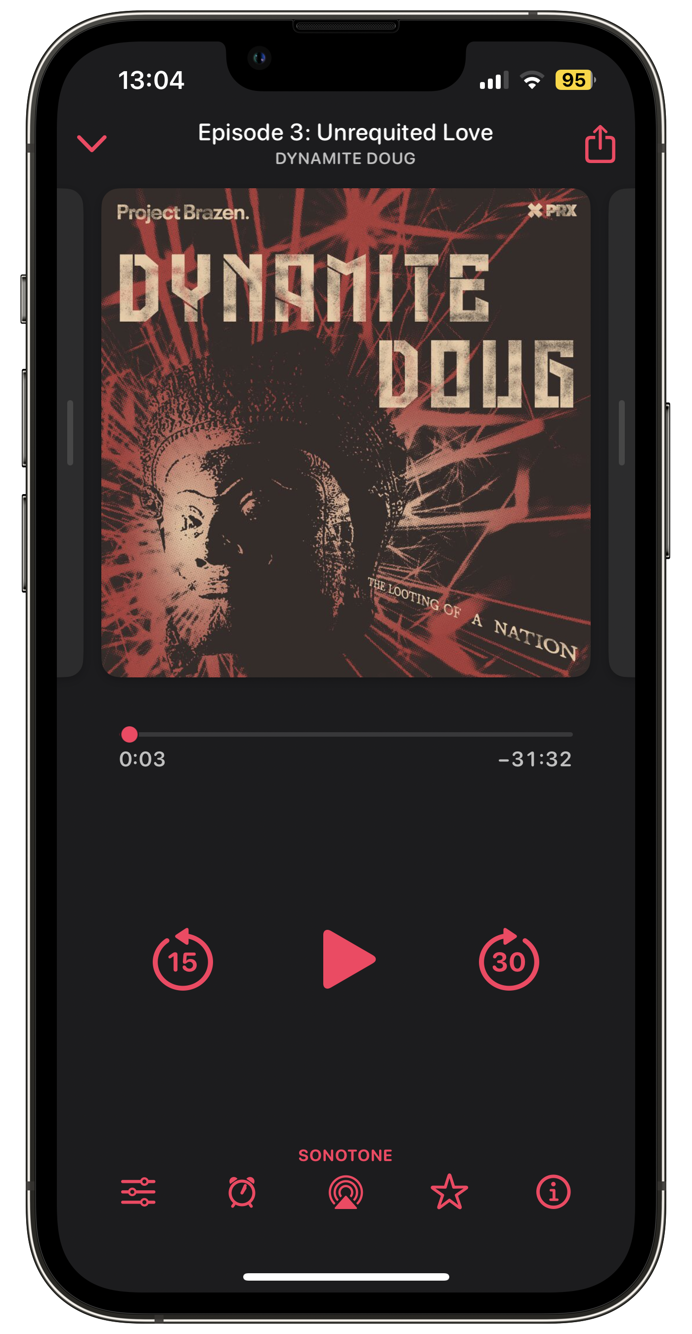 mock-up of an iPhone playing an episode of the Dynamite Doug podcast