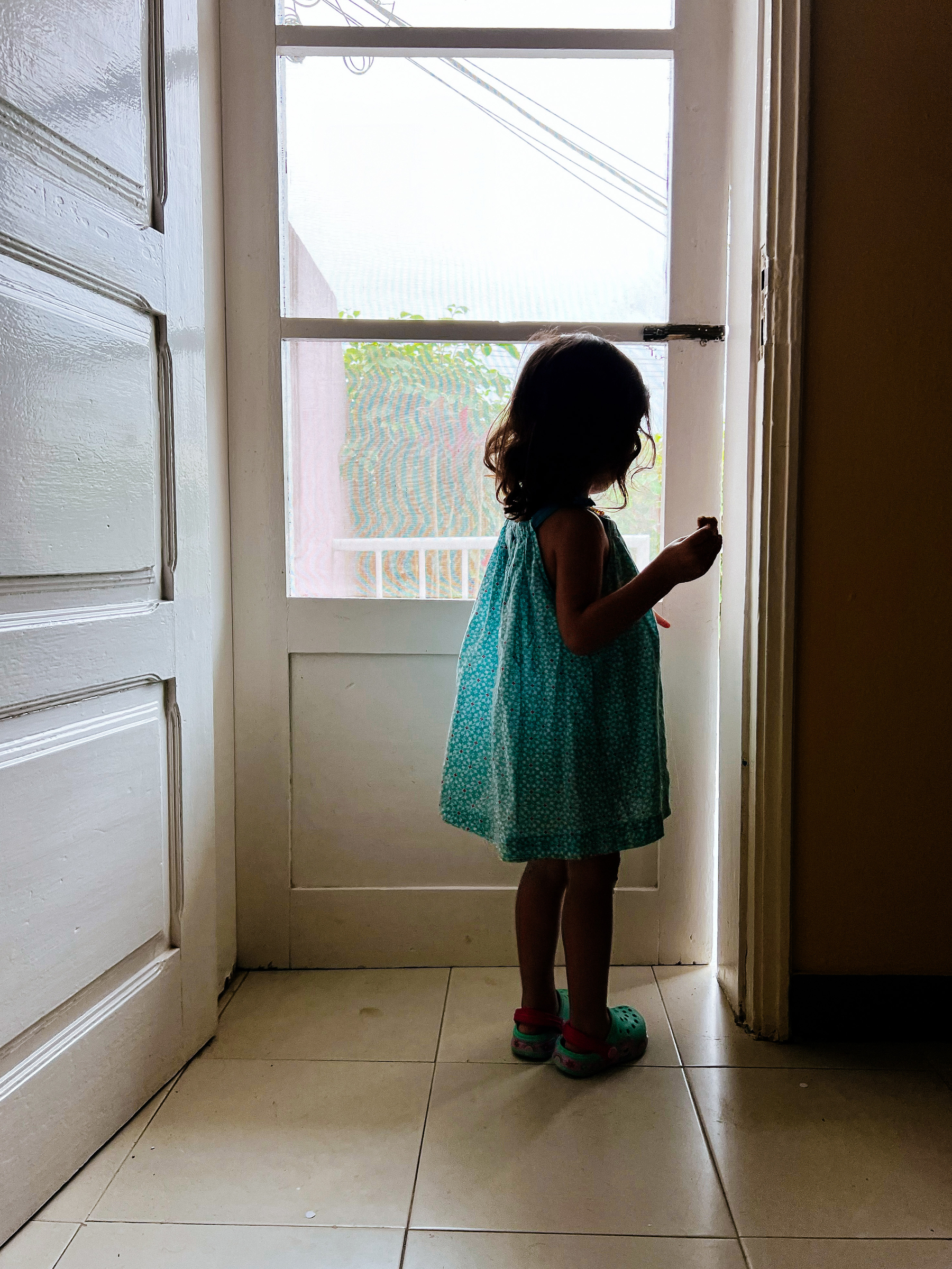 A toddler looks out a screened door. 