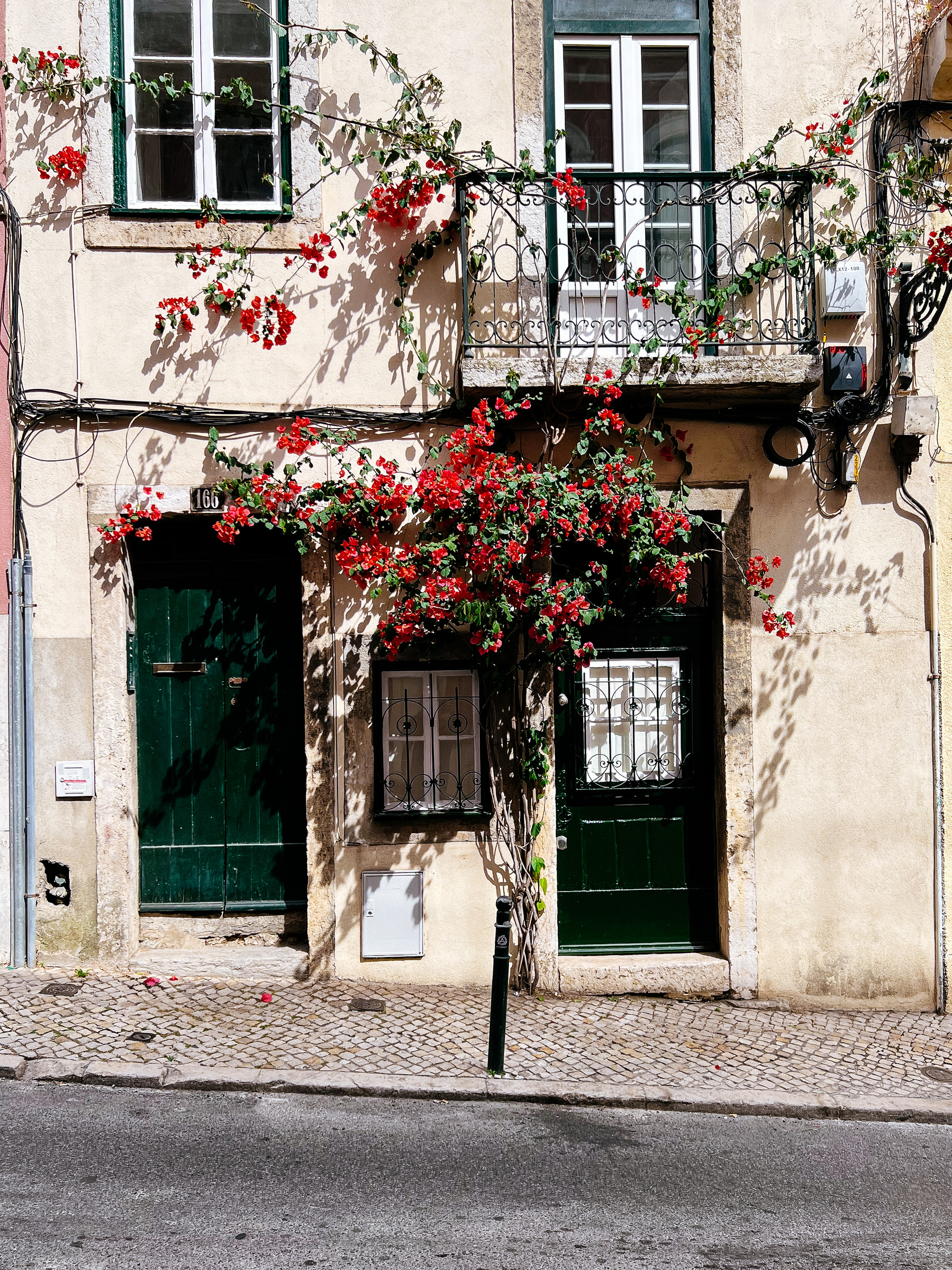 A building’s facade with flowers. 