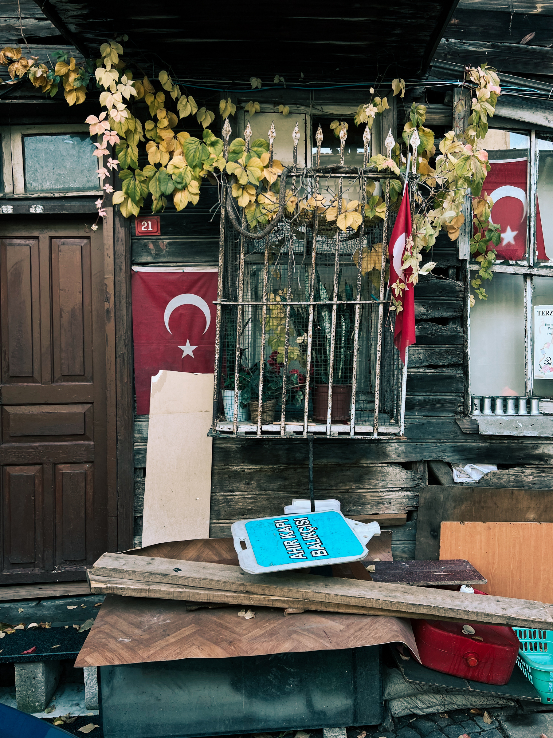Turkish flags on abandoned building. 