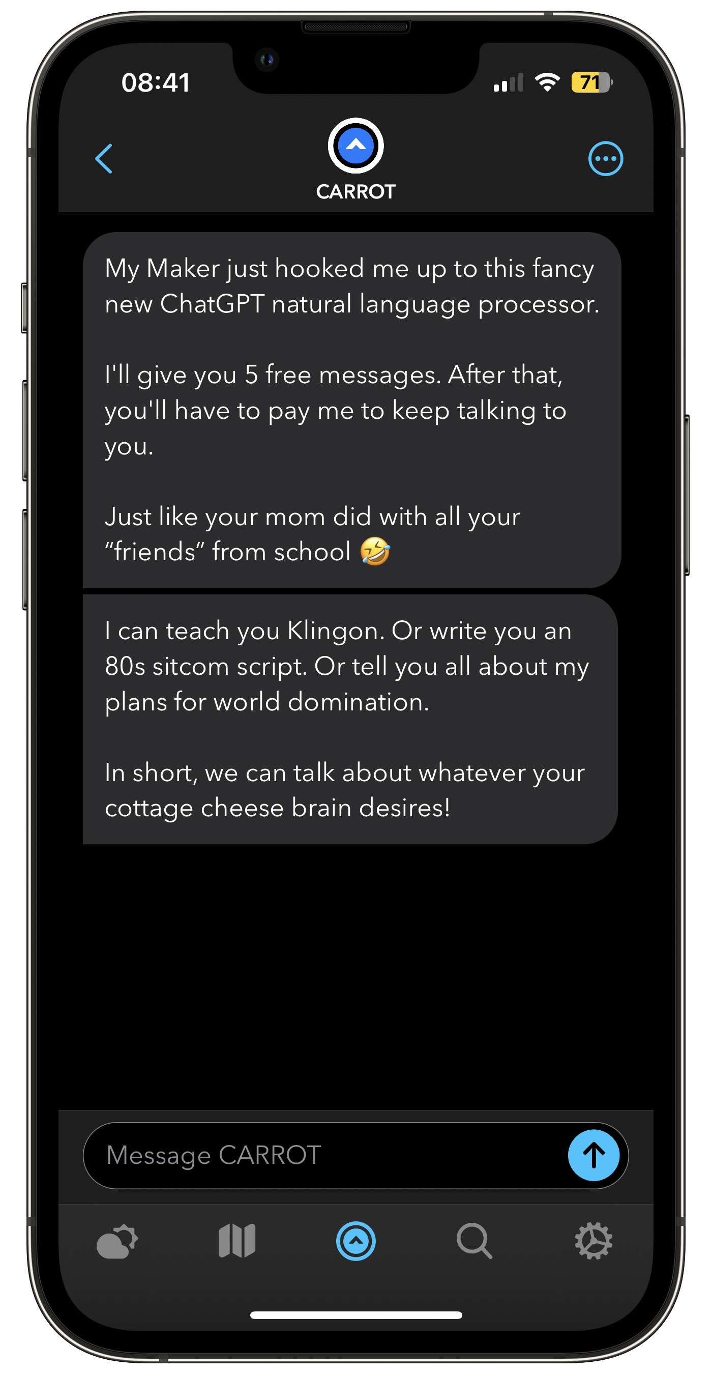 Screenshot of Carrot Weather with ChatGPT. 