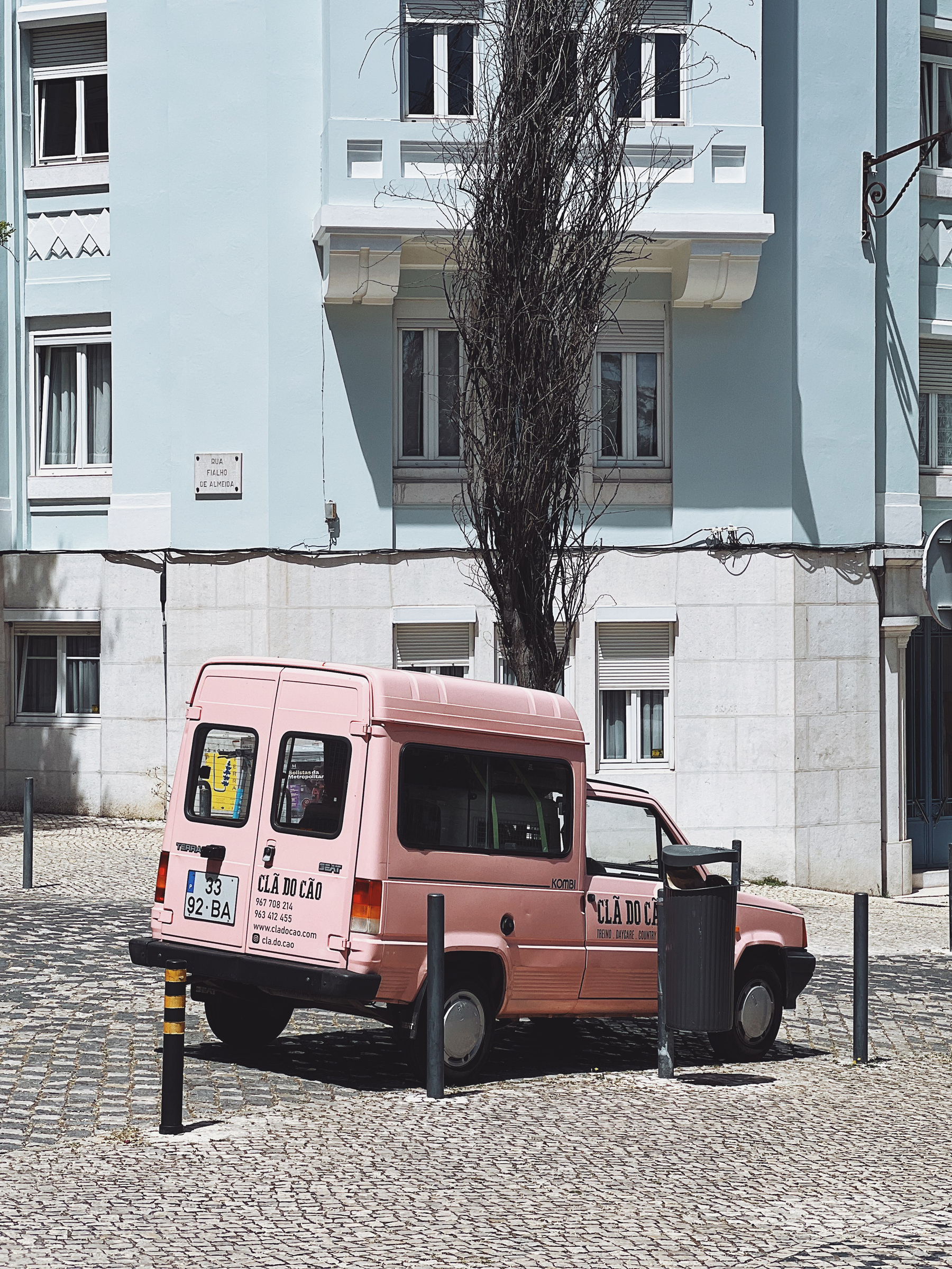 A pink van parked in front of a blue building. 