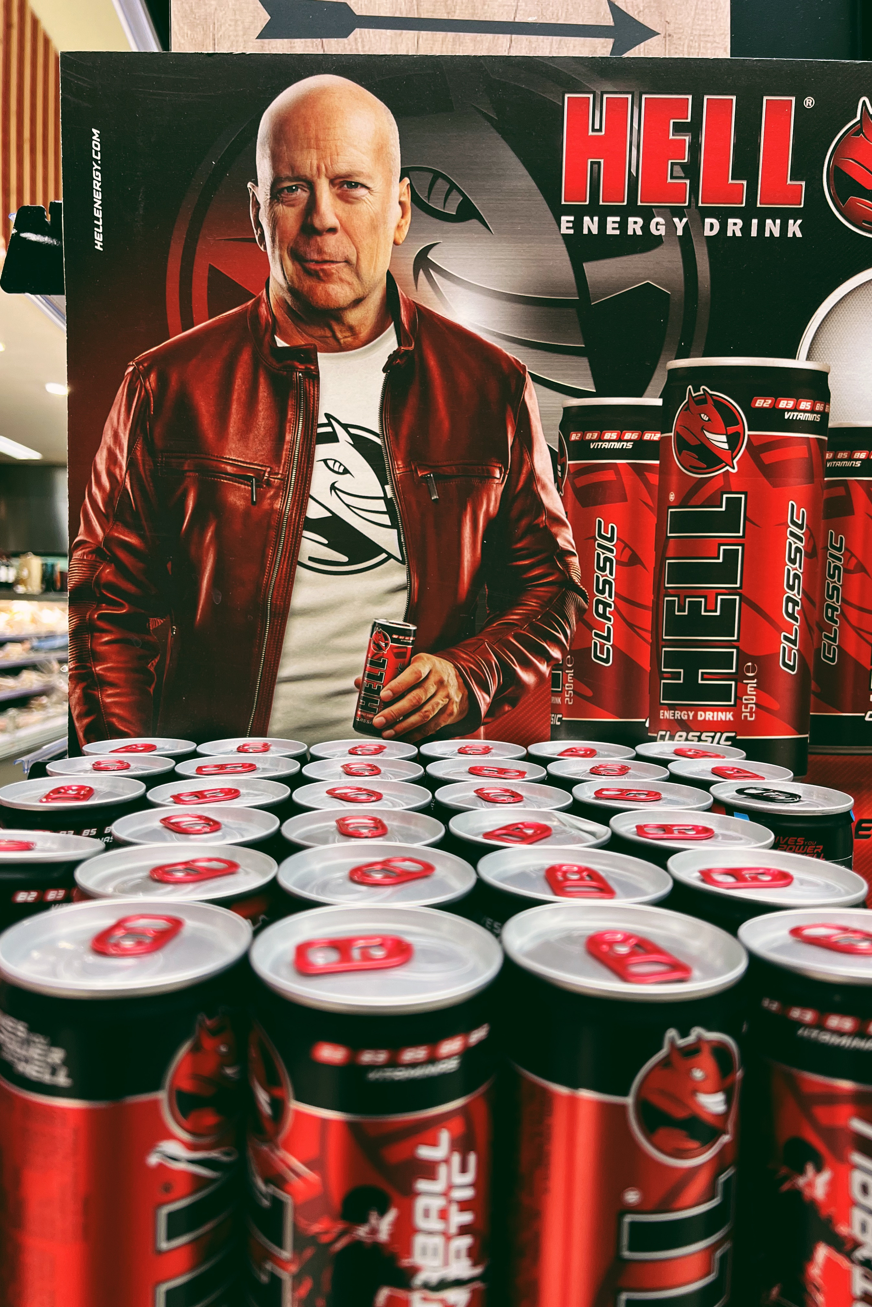 Bruce Willis advertising HELL, an energy drink. 