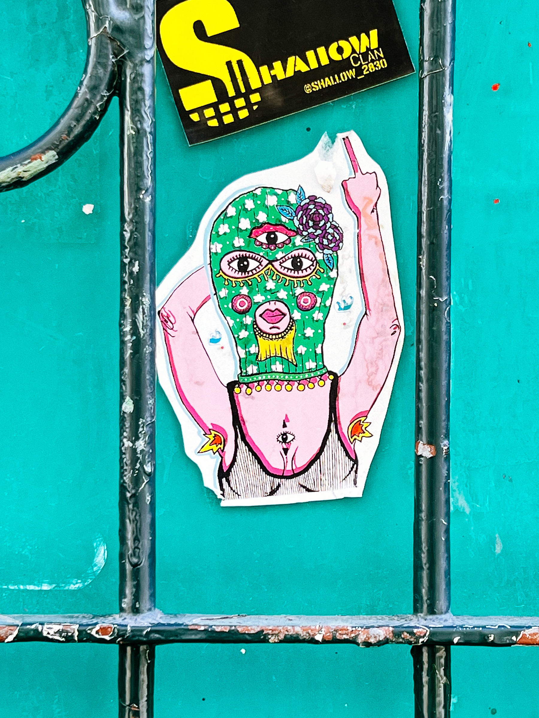 A green balaclava wearing girl, with fire on her armpits, giving us the finger. A sticker. 