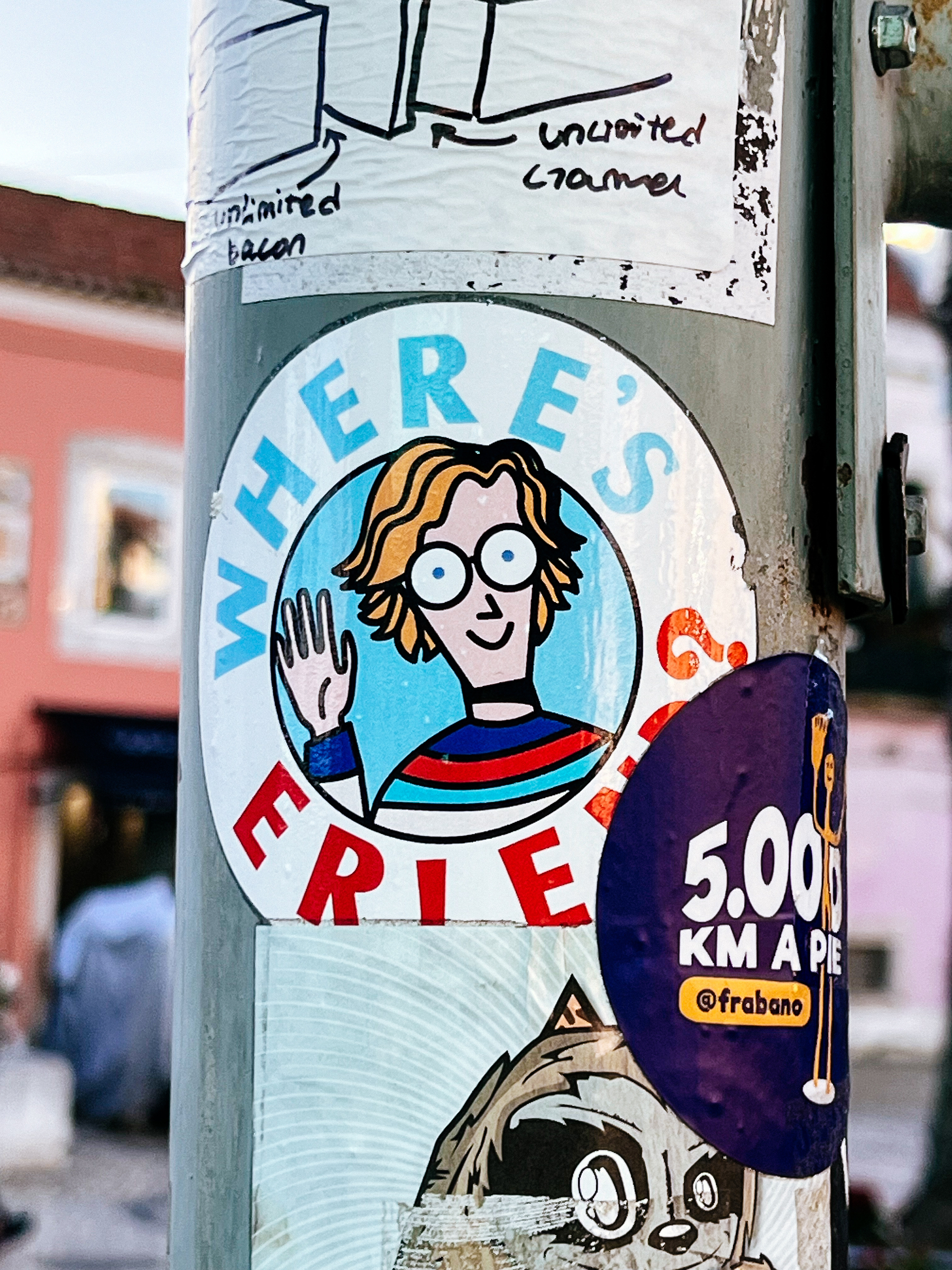 Sticker with a play on Where’s Waldo. 