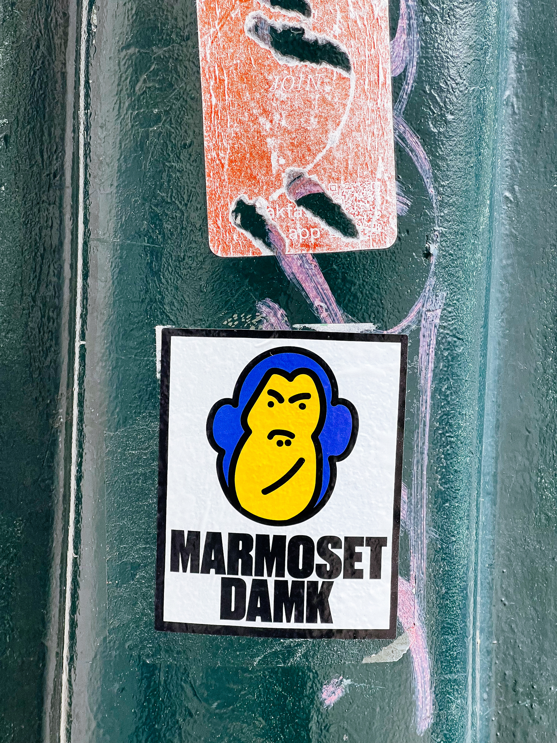 “Marmoset Damk”, and a monkey. Sticker. 