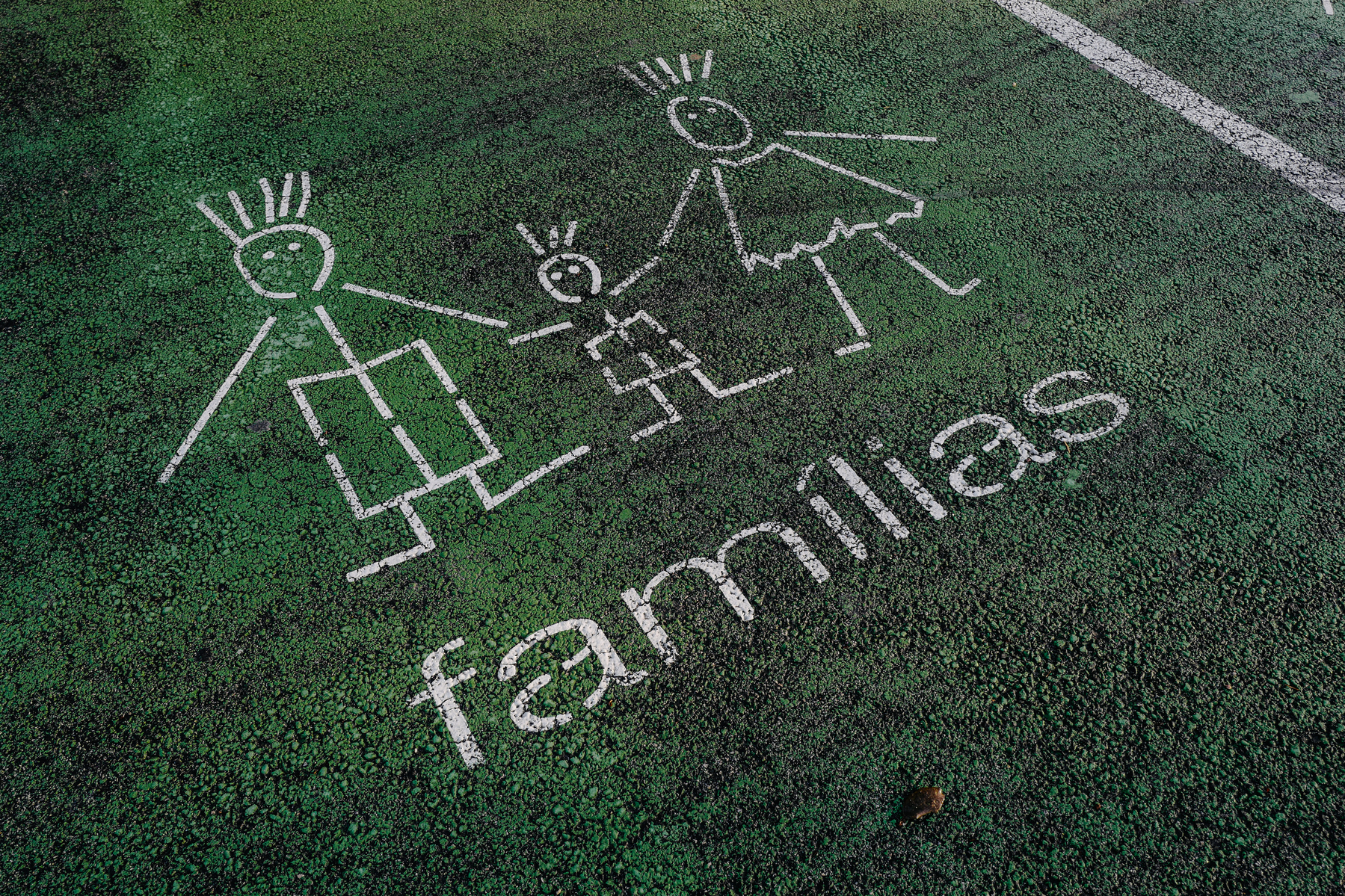 Painted symbols of a family with one adult and two children on a green textured ground with the word &ldquo;families&rdquo; written below.