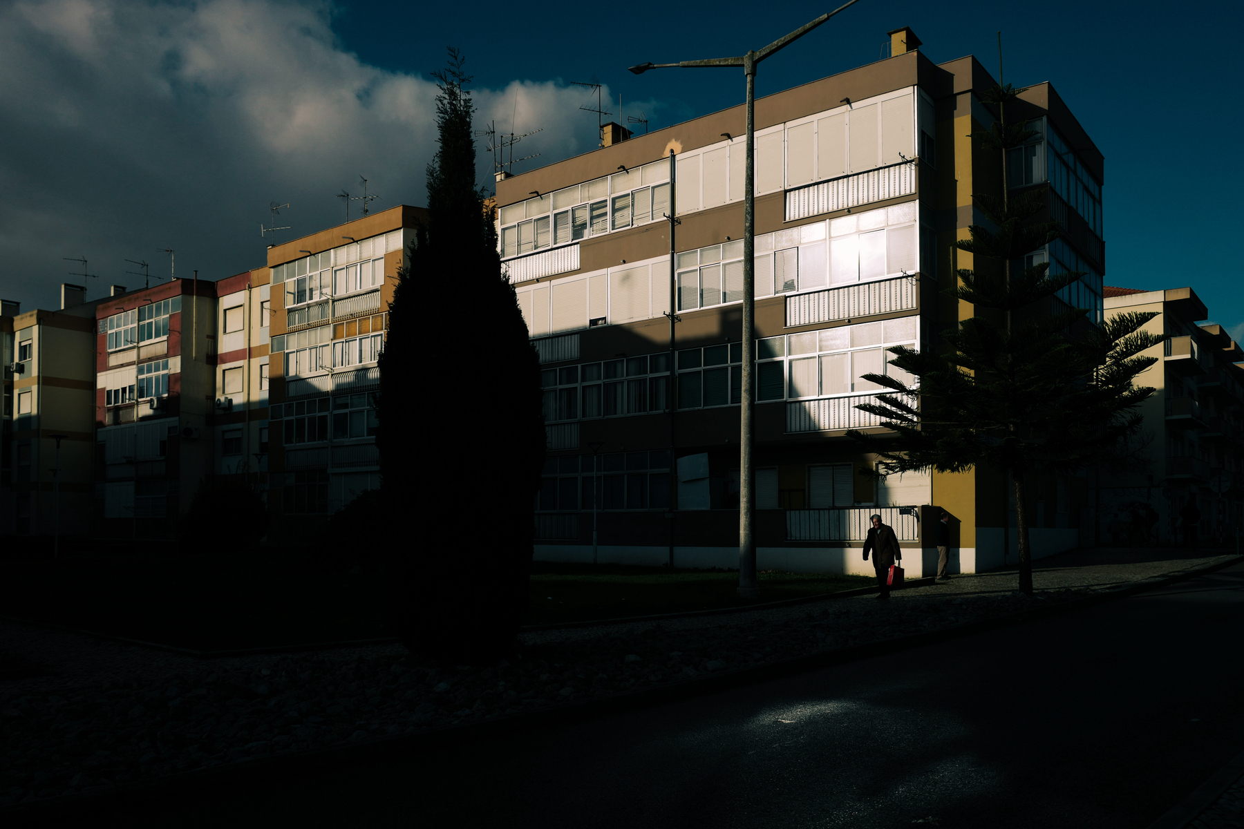 A shadowy street scene with a lone individual walking past a row of multi-story, colorful apartment buildings, highlighted by sunlight and contrasted by dark shadows, with trees interspersed along the sidewalk.