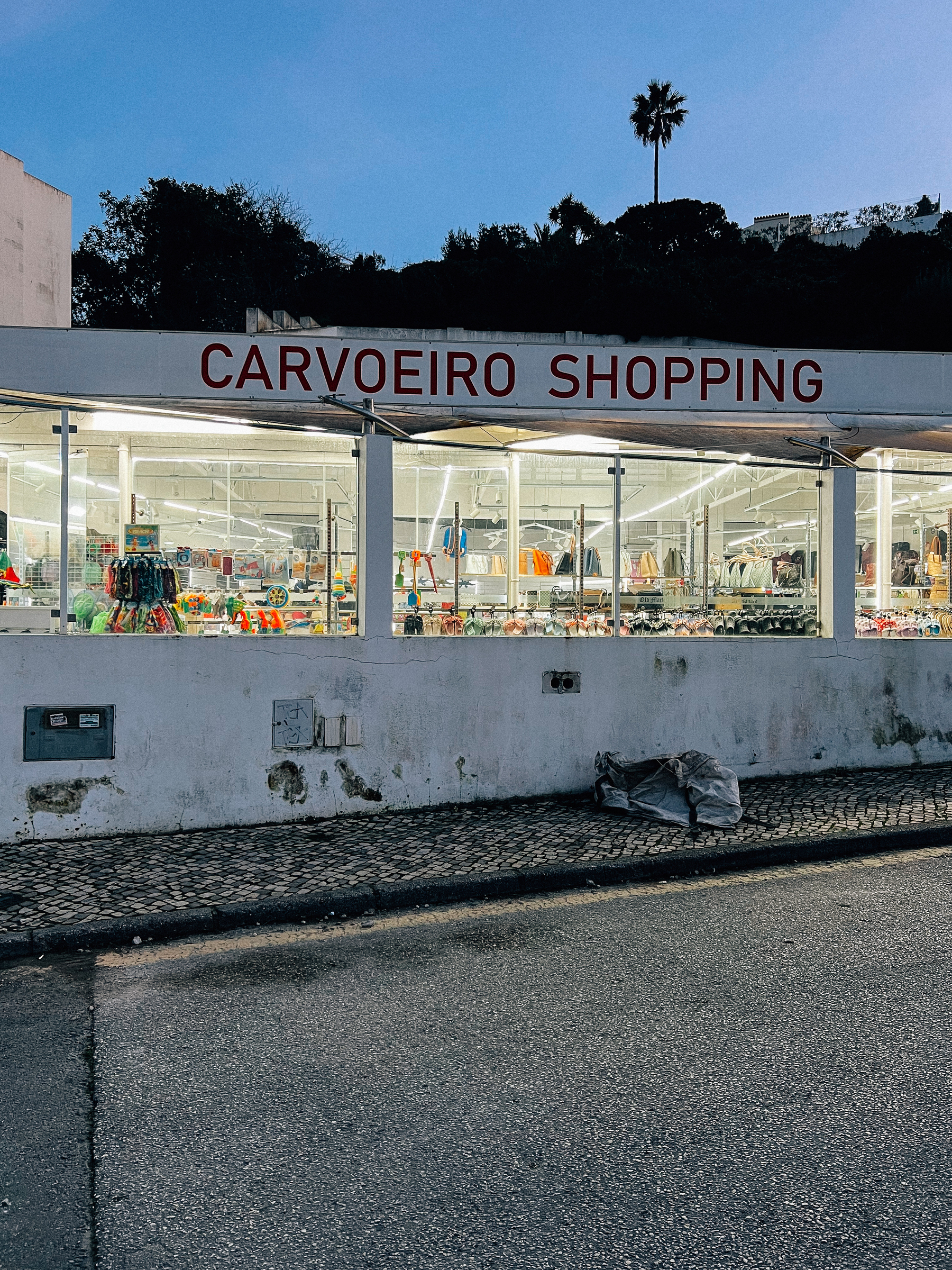 A storefront with a sign that reads &ldquo;CARVOEIRO SHOPPING,&rdquo; featuring a large glass facade through which various items on display can be seen, set against a backdrop of a clear sky with a solitary palm tree.