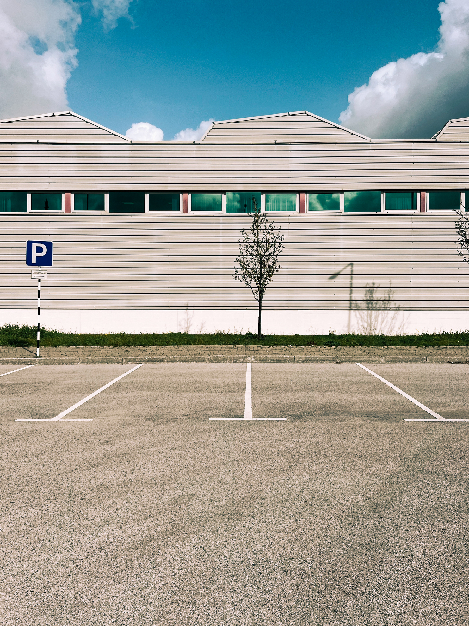 An empty parking lot with marked parking spaces in front of a modern building with horizontal siding. A solitary tree stands to the left, a parking sign with a blue &lsquo;P&rsquo; on the right, under a partly cloudy sky.