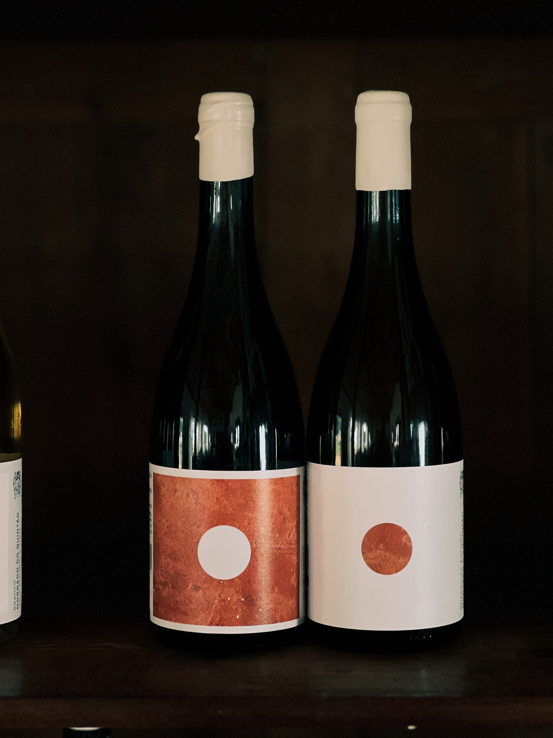 Two wine bottles with minimalist labels featuring a circular motif, placed on a wooden shelf.