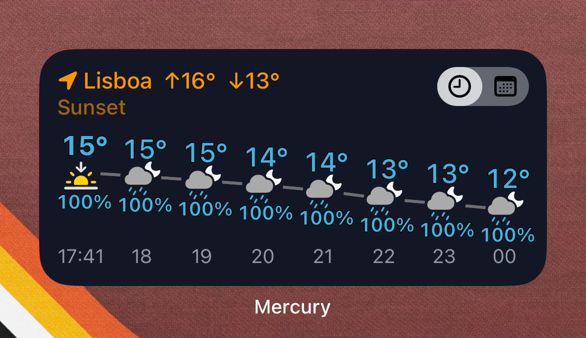 Weather forecast widget for Lisbon showing temperatures ranging from 16°C to 12°C with 100% chance of rain throughout the evening and night hours.