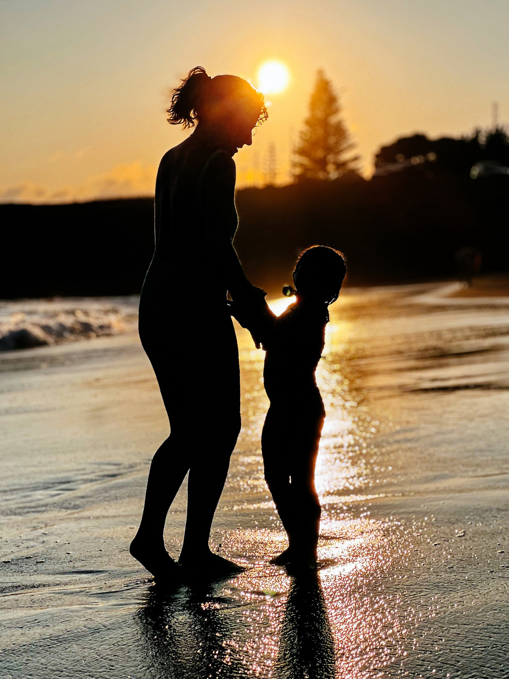 Silhouette of an adult and a child holding hands while standing on a beach at sunset. The sun is low in the sky, casting a golden glow on the water. Trees and a shoreline can be seen in the background.