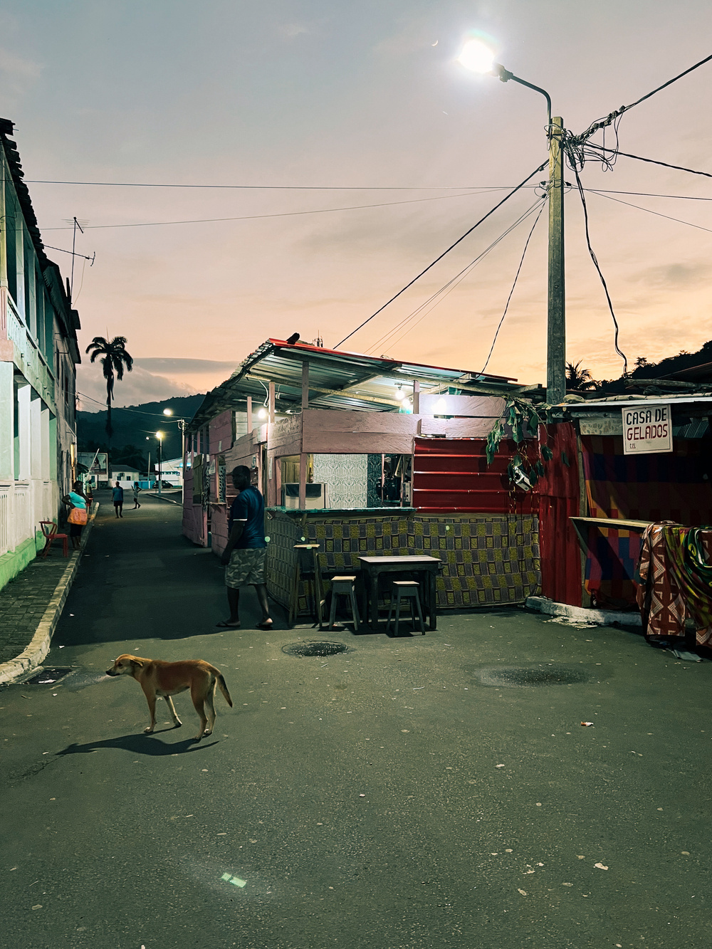 A street scene at dusk with a dog in the foreground, a man standing near a small building with a sign &ldquo;Casa de Gelados&rdquo; in the background. Streetlights are on, and there are hills and palm trees in the distance.