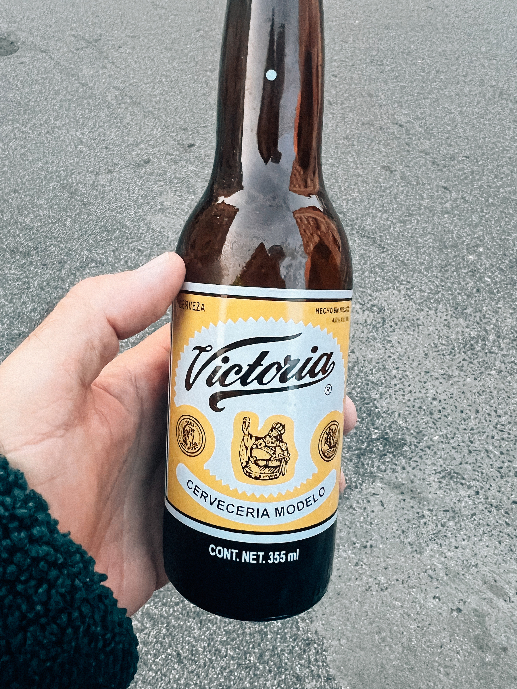 A hand holding a bottle of Victoria beer with a label indicating it is a product of Cervecería Modelo in Mexico, 355 ml.