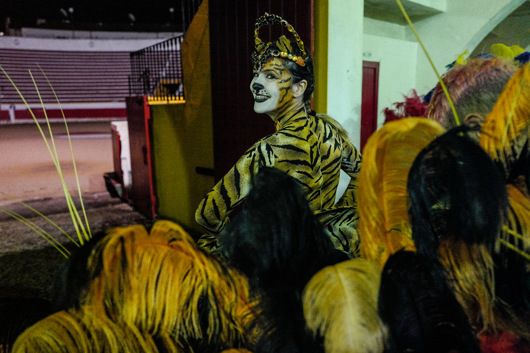 A person with tiger-inspired makeup and costume.