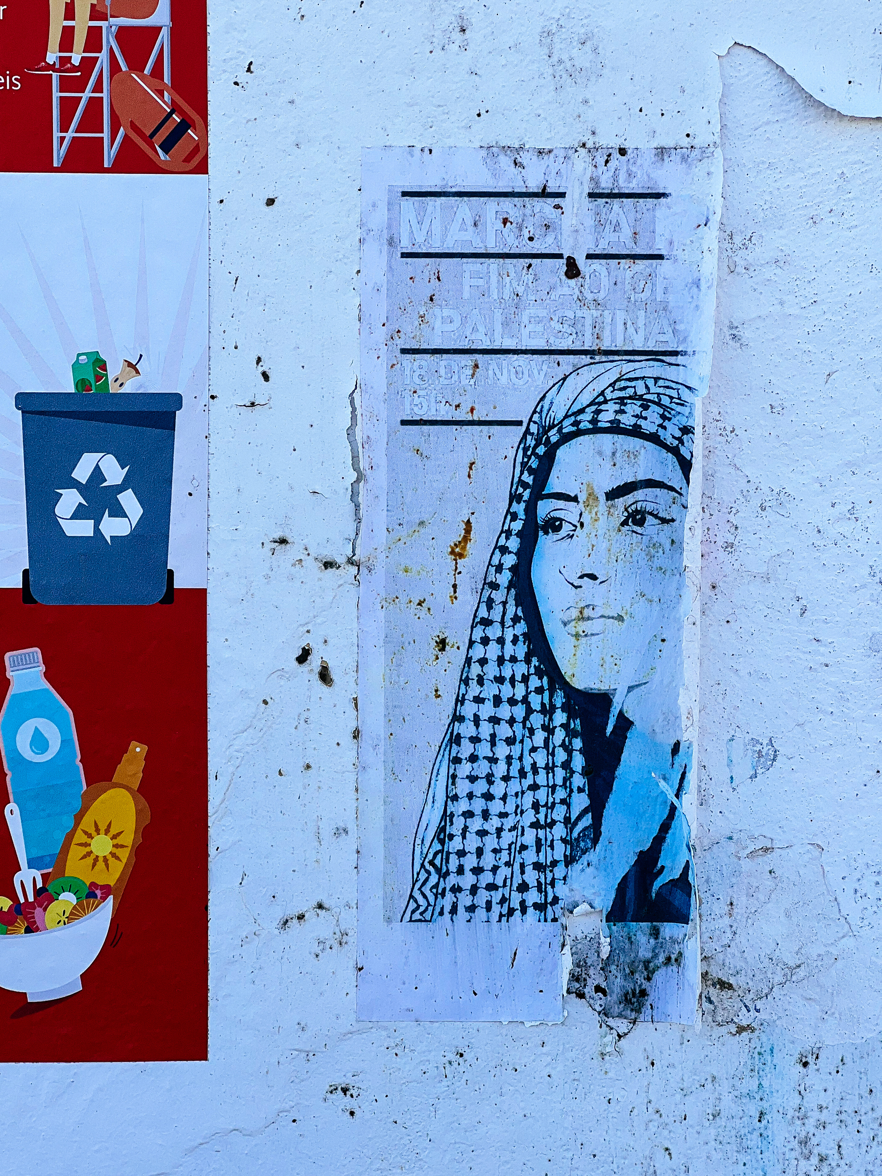 A sticker asking for an end to the war in Palestine, with a girl wearing a scarf. 