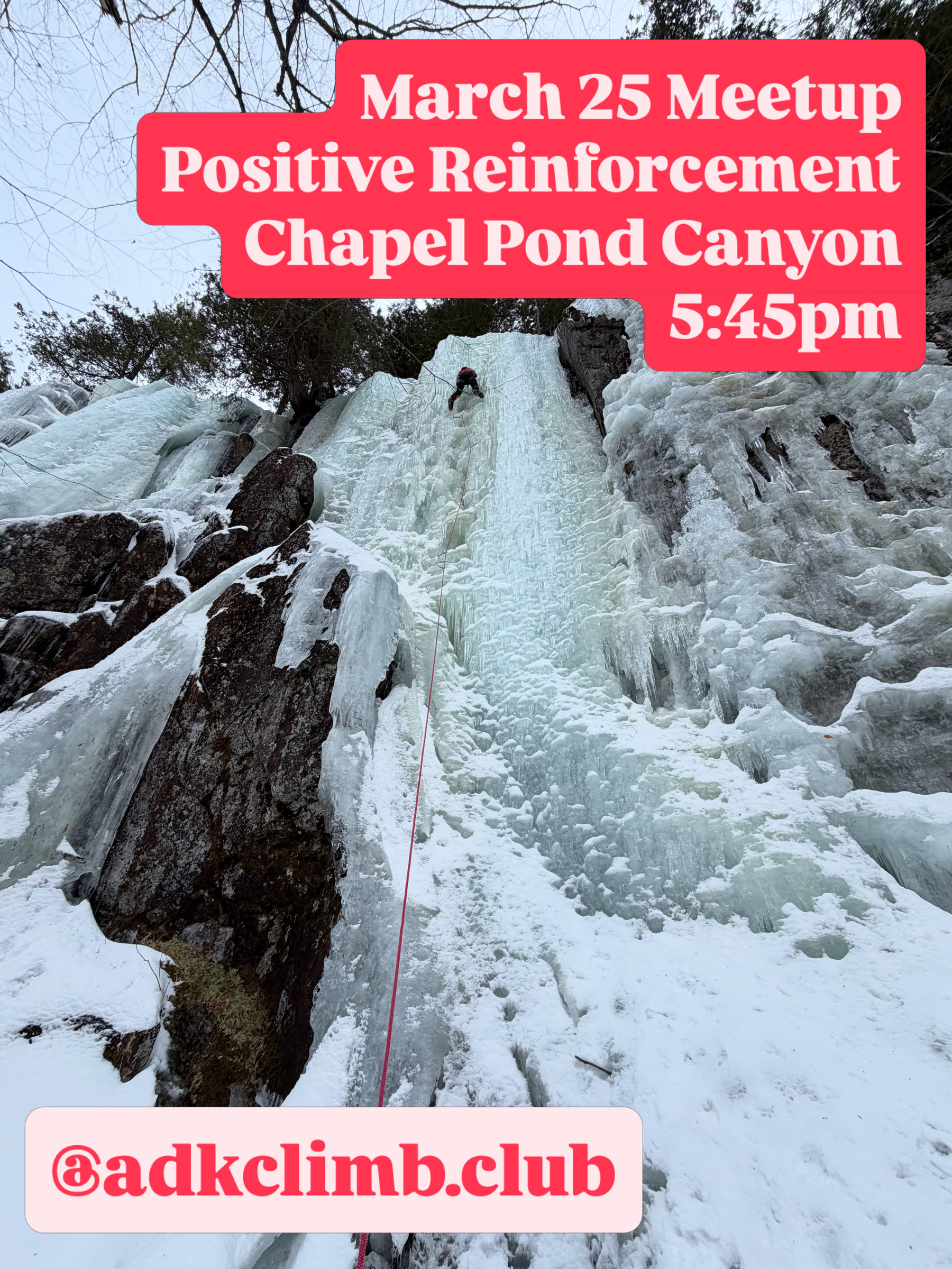 A person is ice climbing a frozen waterfall with event details and a website tag overlaid on the image.