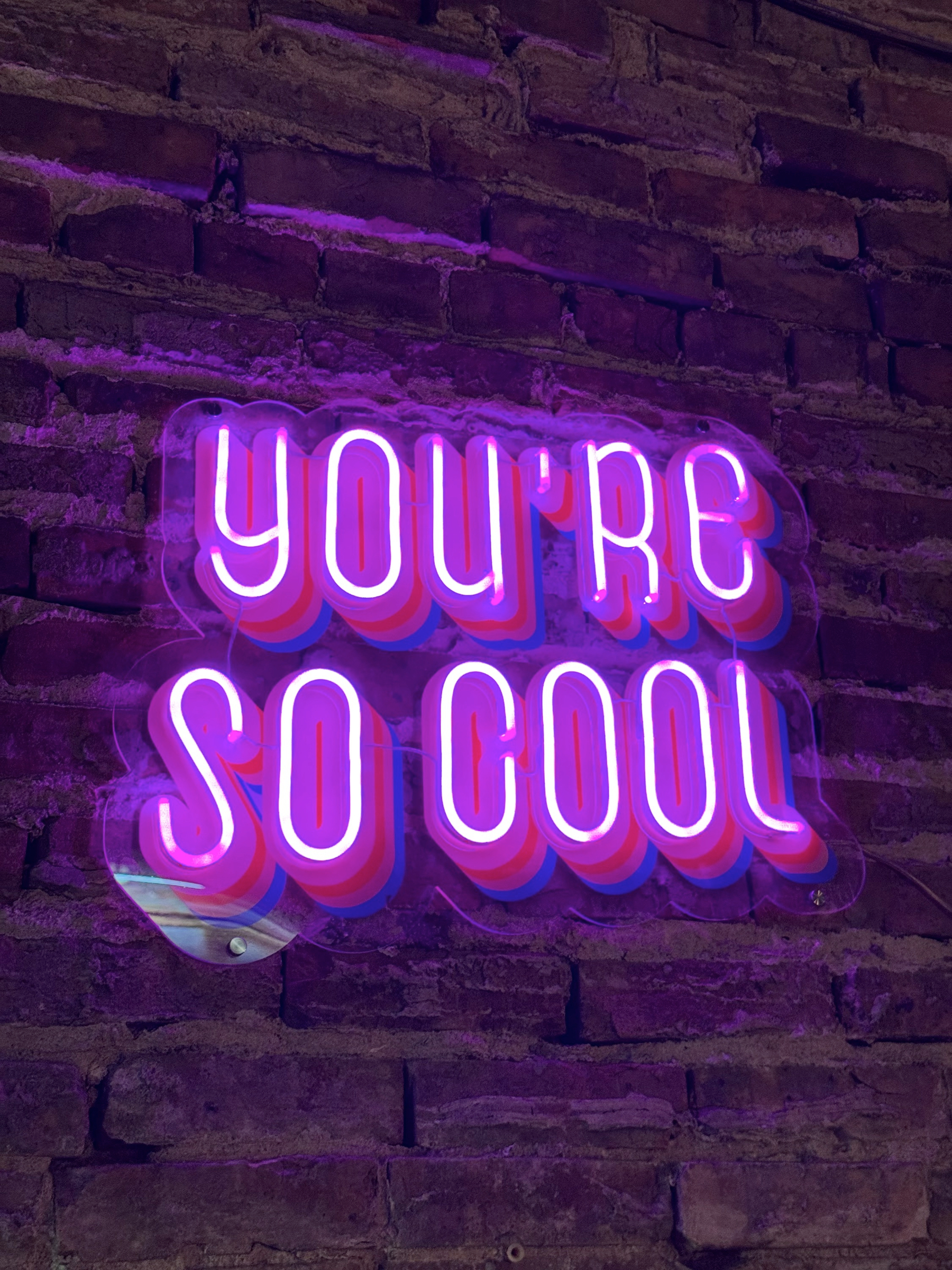 A glowing neon sign reading YOU’RE SO COOL in bright pink and purple light, mounted on a textured brick wall and casting a soft, colorful halo around the letters.