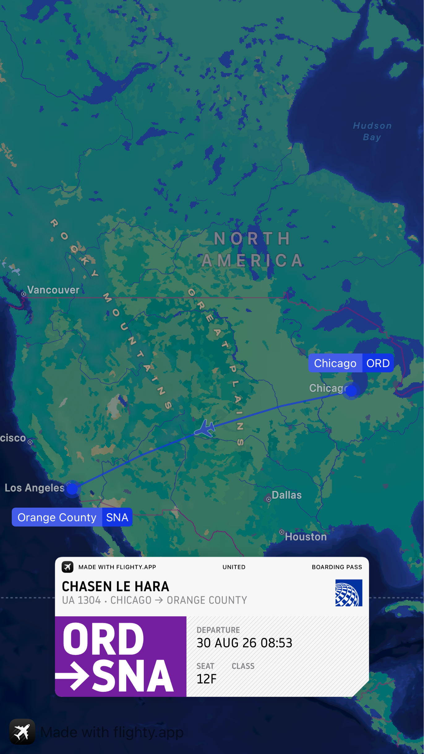 A flight route is shown from Chicago O'Hare International Airport (ORD) to Orange County Airport (SNA) on August 30, 2026 with a boarding pass for Chasen in seat 12F.