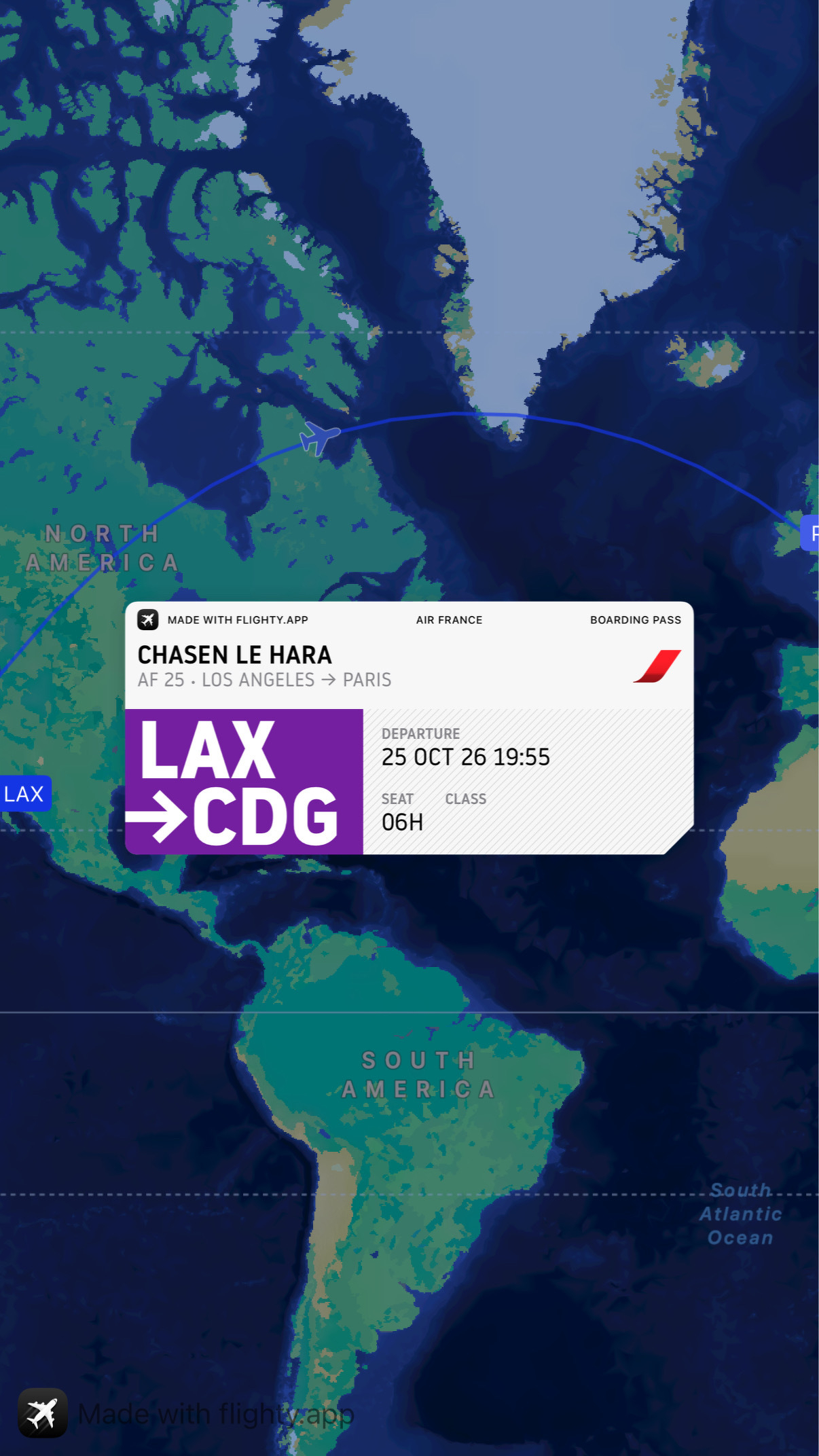 A flight boarding pass for Chasen traveling from Los Angeles (LAX) to Paris (CDG) on October 25, 2026, is shown over a map depicting the transatlantic flight path.