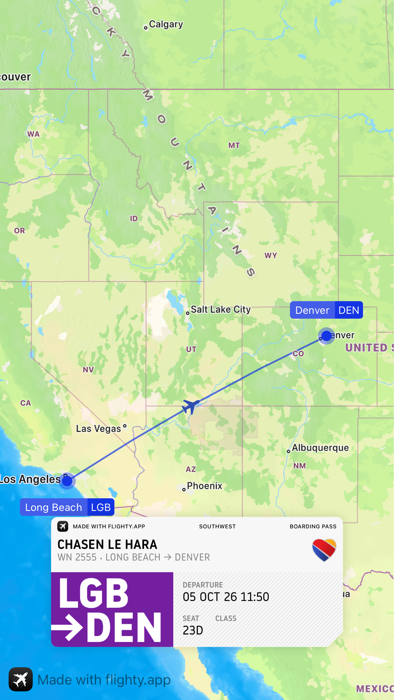 A flight itinerary for Chasen traveling from Long Beach (LGB) to Denver (DEN) on Southwest Airlines, departing on October 5, 2026, at 11:50, is shown over a map of the western United States with a flight path marked.