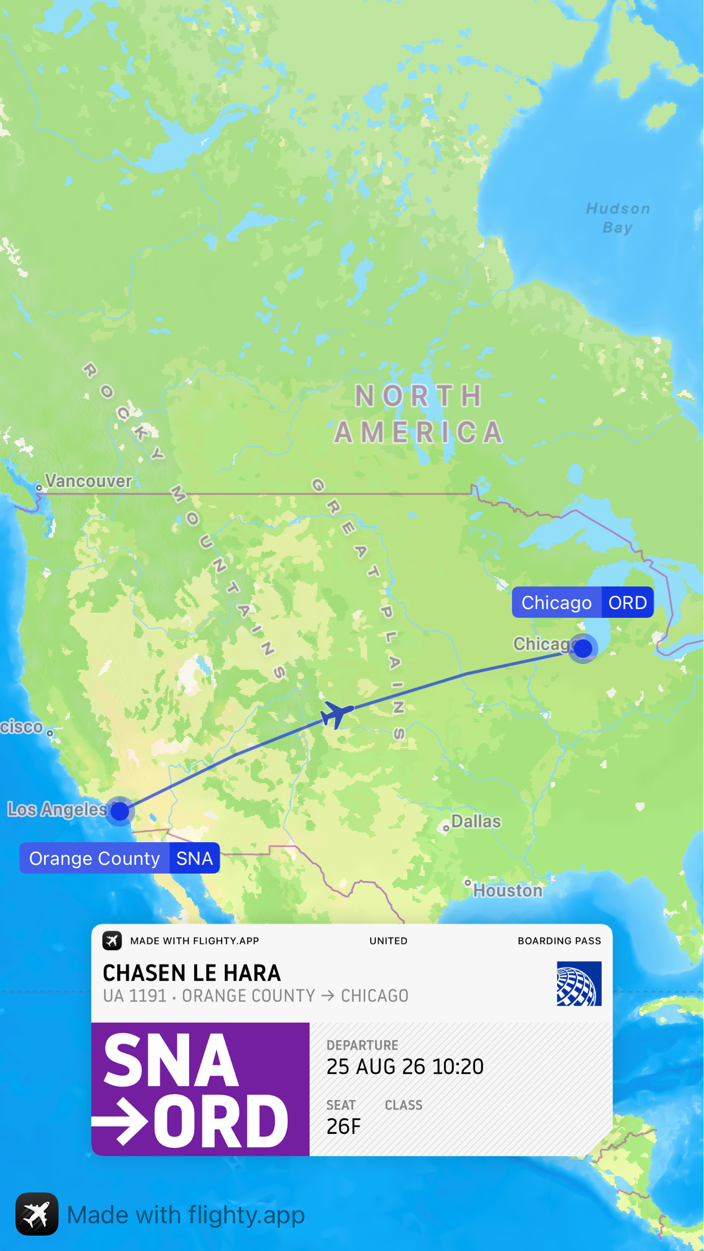 A flight route from Orange County (SNA) to Chicago O'Hare (ORD) is displayed on a map of North America (along with a boarding pass for Chasen) departing on August 25, 2026.