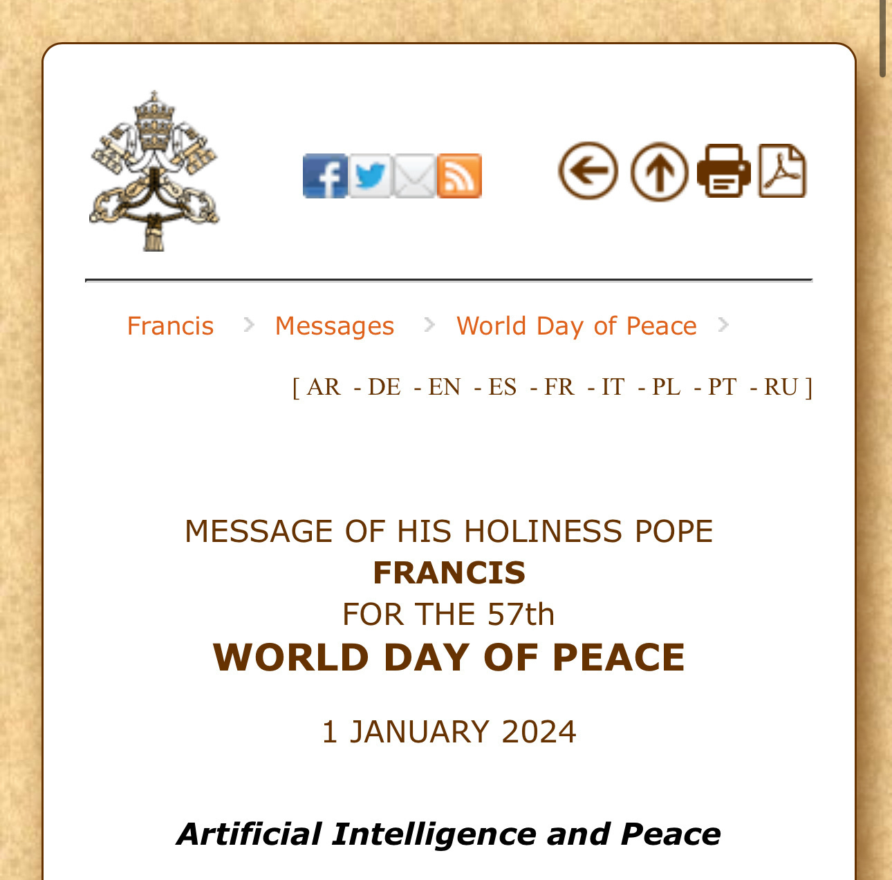 Francis. Message for the 57th World Day of Peace Artificial Intelligence and Peace (1 January 2024)