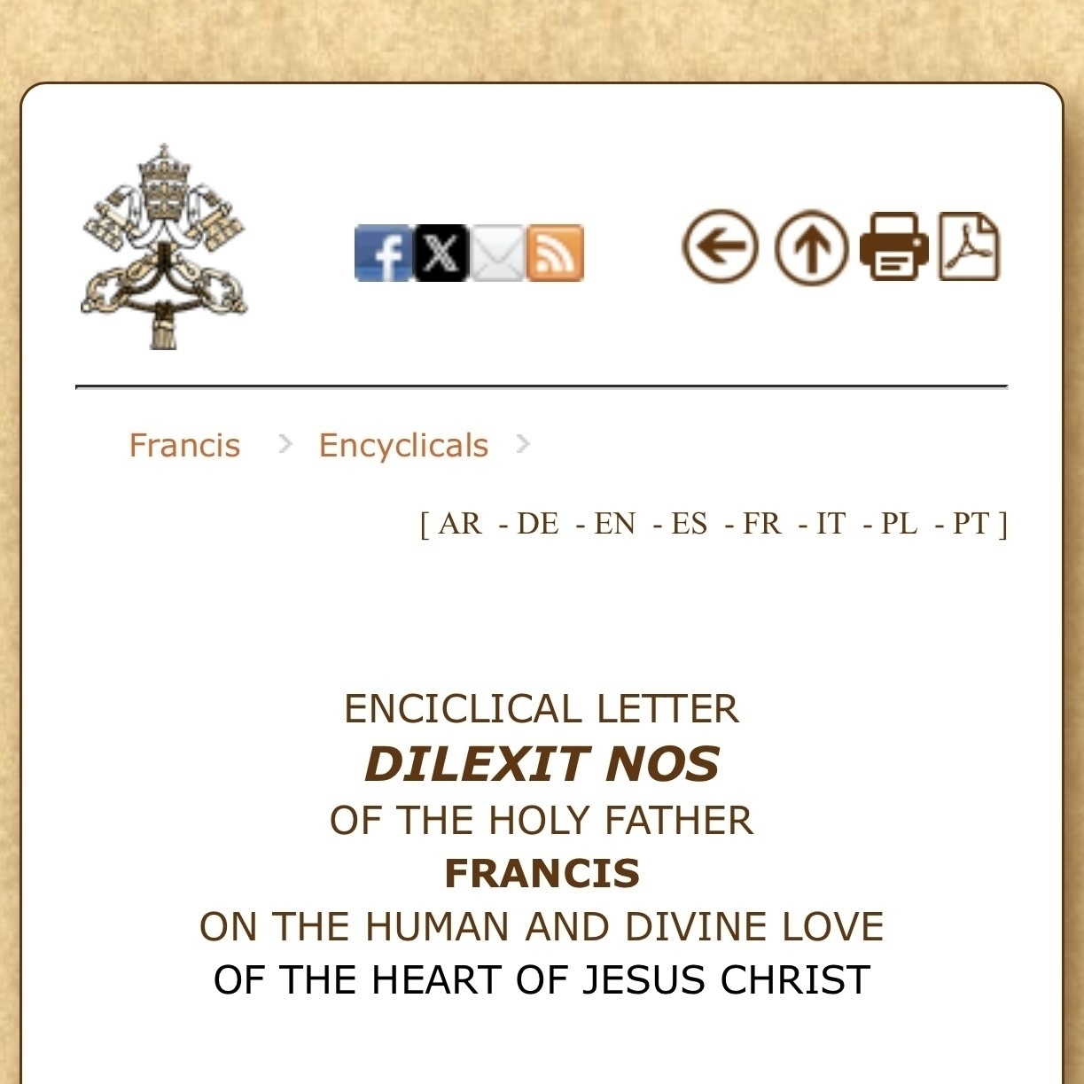 Screen shot of vatican.va:&10;&10;ENCICLICAL LETTER&10;DILEXIT NOS&10;OF THE HOLY FATHER&10;FRANCIS&10;ON THE HUMAN AND DIVINE LOVE&10;OF THE HEART OF JESUS CHRIST&10;&10;(Yes, "encyclical" is spelled wrong.)