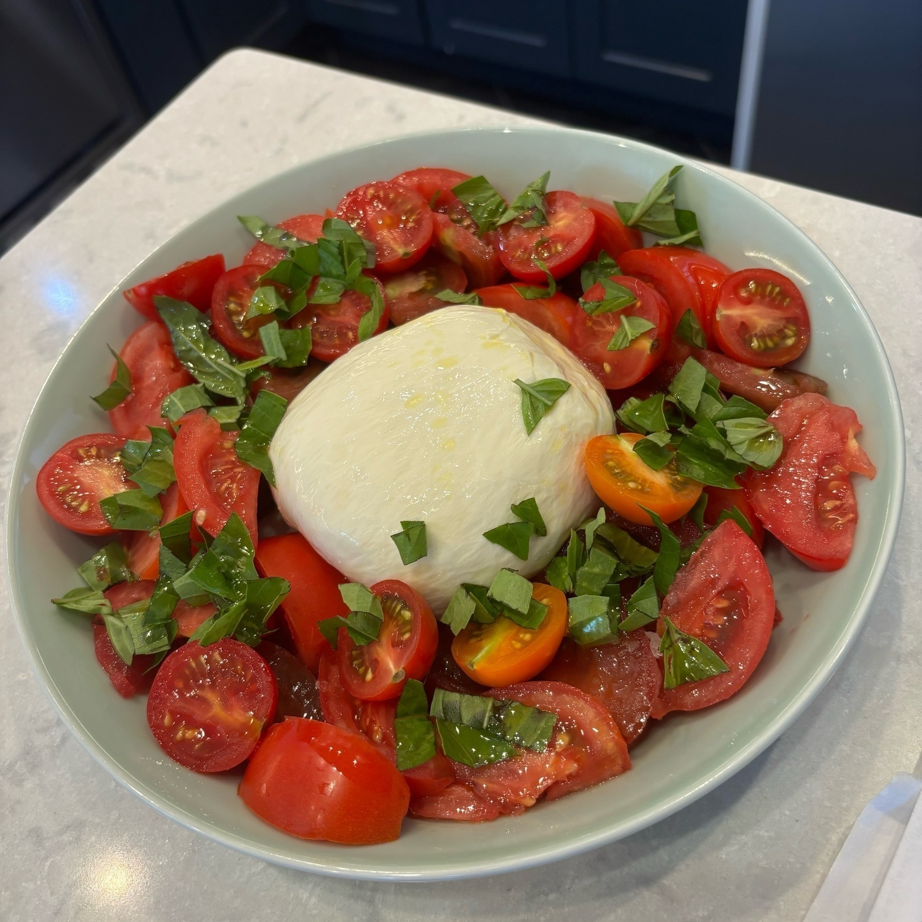 A bowl full of cut tomatoes, arranged around a chunk of burrata cheese, and sprinkled with chopped basil. Yum...