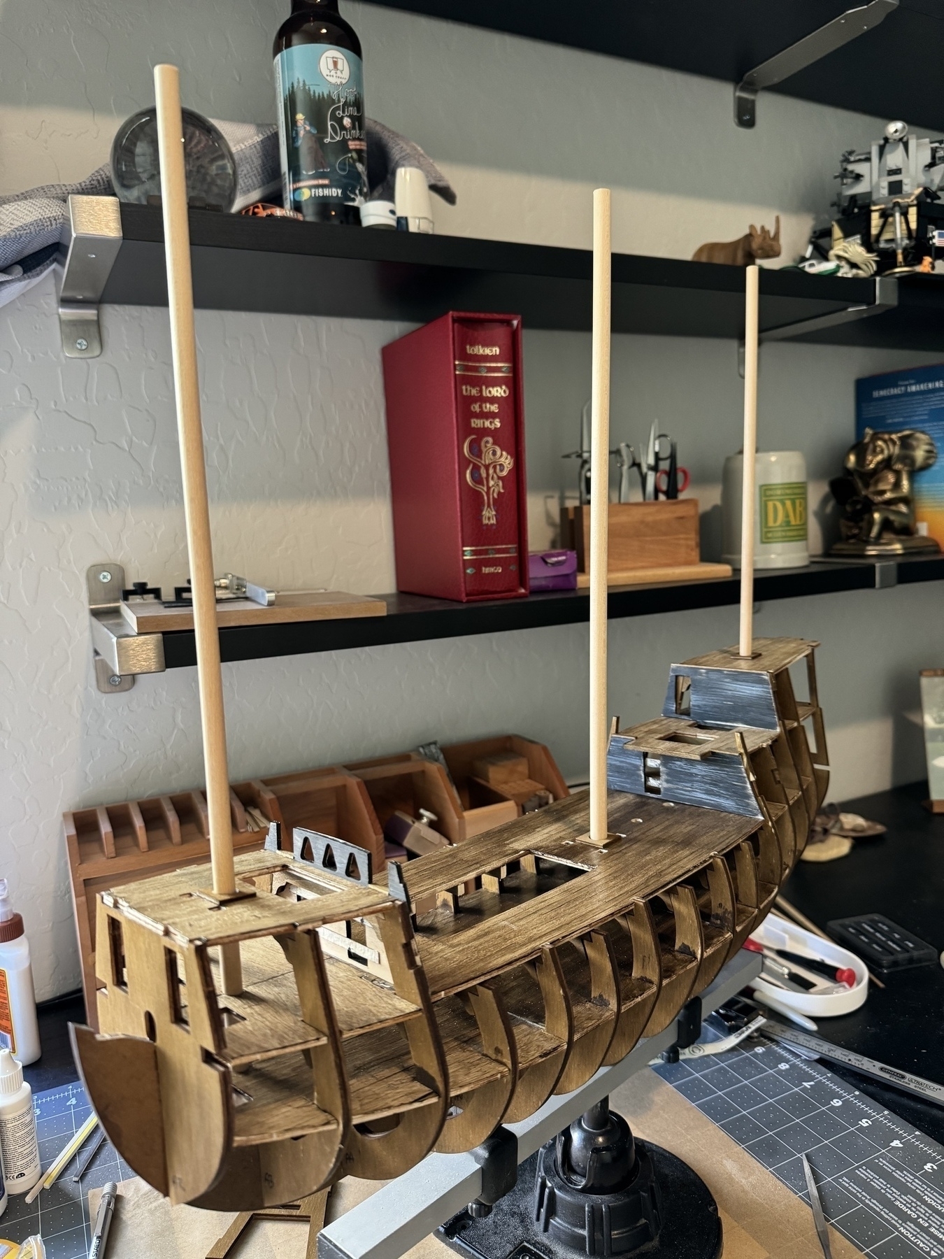 Flying Dutchman model ship with masts in place. 