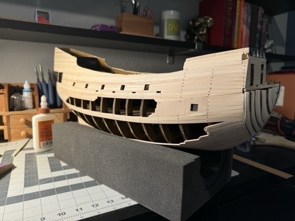 Side view of the starboard side of the flying dutchmand model ship. 