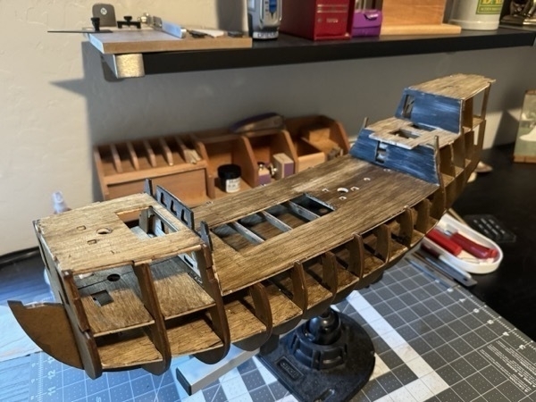 View from the front of the newly added upper decks and some walls on the flying dutchman model ship. 