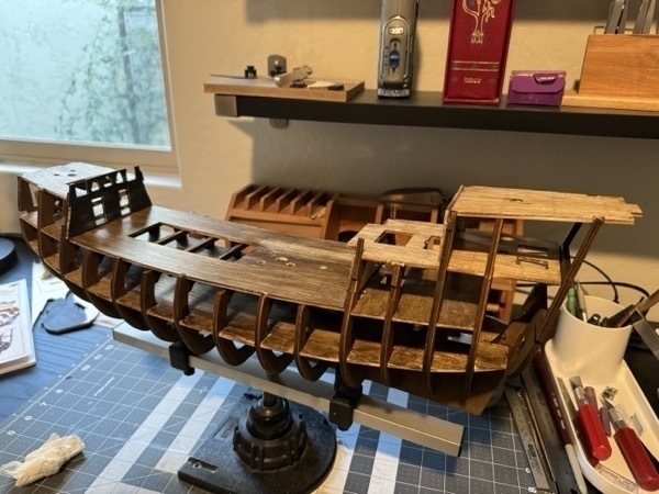 View from the rear/side of the flying dutchman model ship showing the newly added upper decks and a wall. 