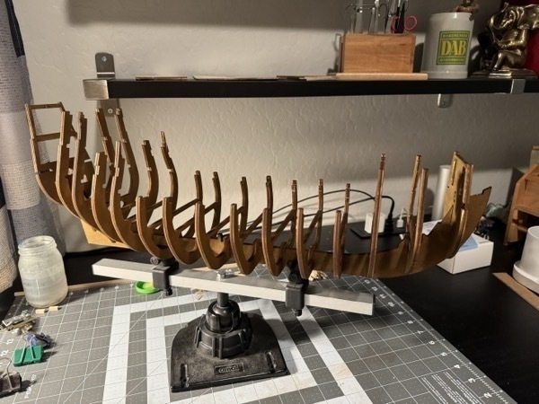 The keel and bulkheads of the Flying Dutchman model completed