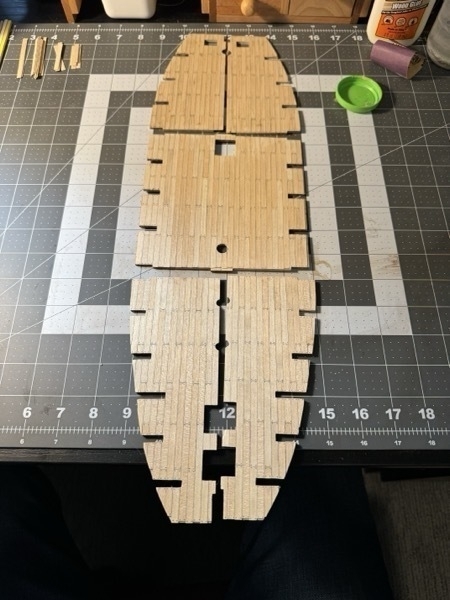 Picture of the lower deck of the Flying Dutchman model ship all planked and varnished.