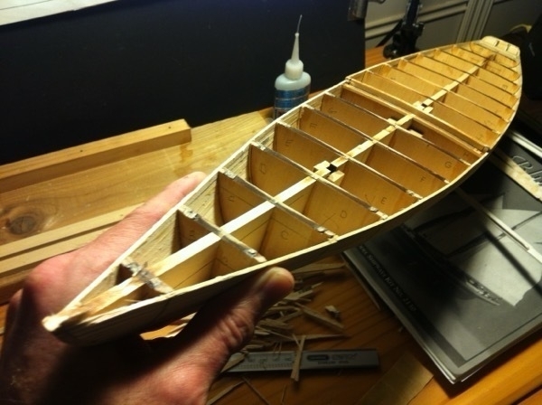 The deck of the Bluenose model before being planked. 