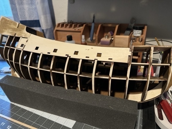 View of the starboard side of the flying dutchman model ship showing the sanded and shaped bulkheads. 