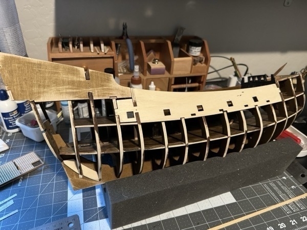Another view of the starboard side of the flying dutchman model ship showing the sanded and shaped bulkheads. 