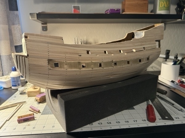 starboard side of flying dutchmand model ship entirely planked and sanded