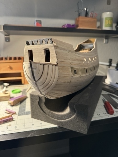 View of the bow of the flying dutchman model ship. 