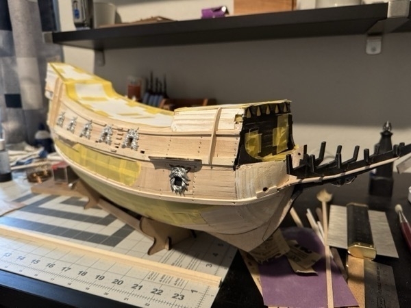 View of the flying dutchman model ship masked off for painting of the hull. 